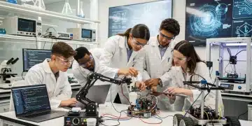 Estudiantes diversos colaborando en un laboratorio STEM, con equipos de robótica y computadoras, representando la innovación educativa.