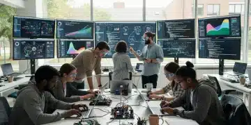 Estudiantes universitarios colaborando en un proyecto de tecnología avanzada, simbolizando la adaptación de los planes de estudio para el futuro.