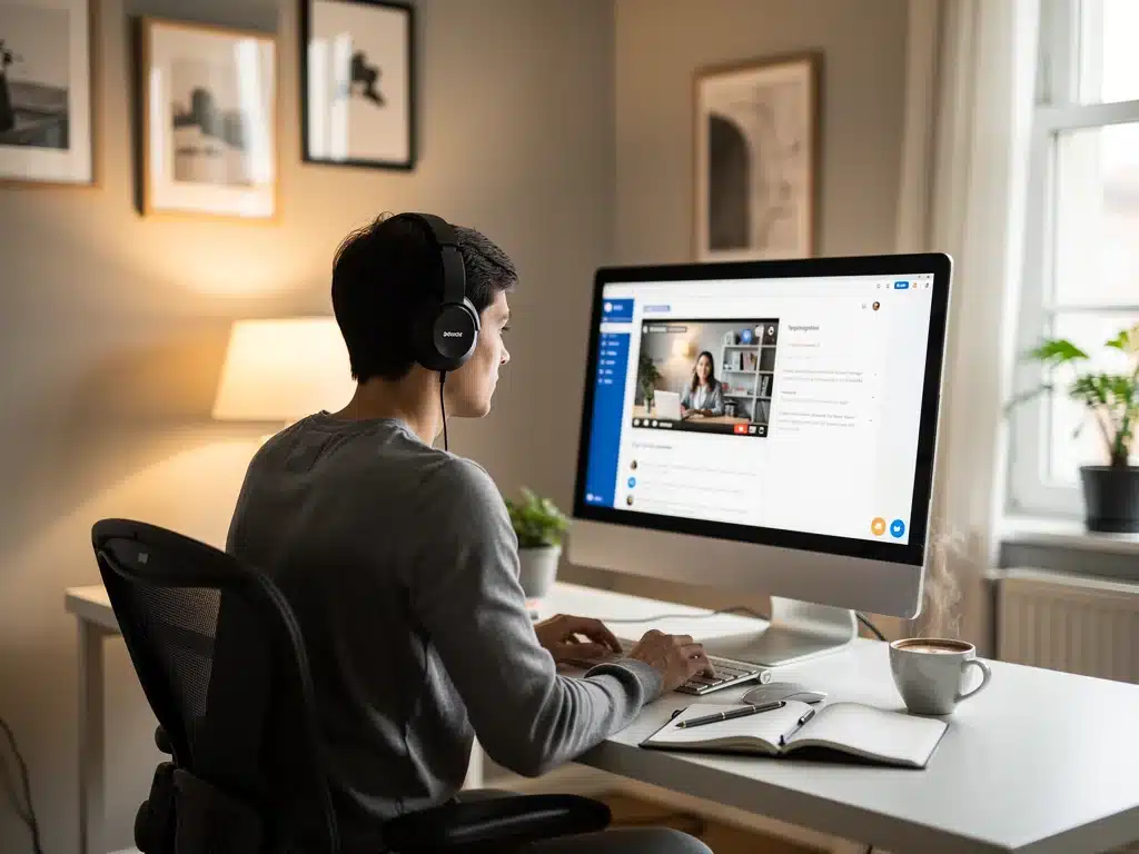Persona concentrada aprendiendo en línea desde su oficina en casa, con auriculares y monitor.