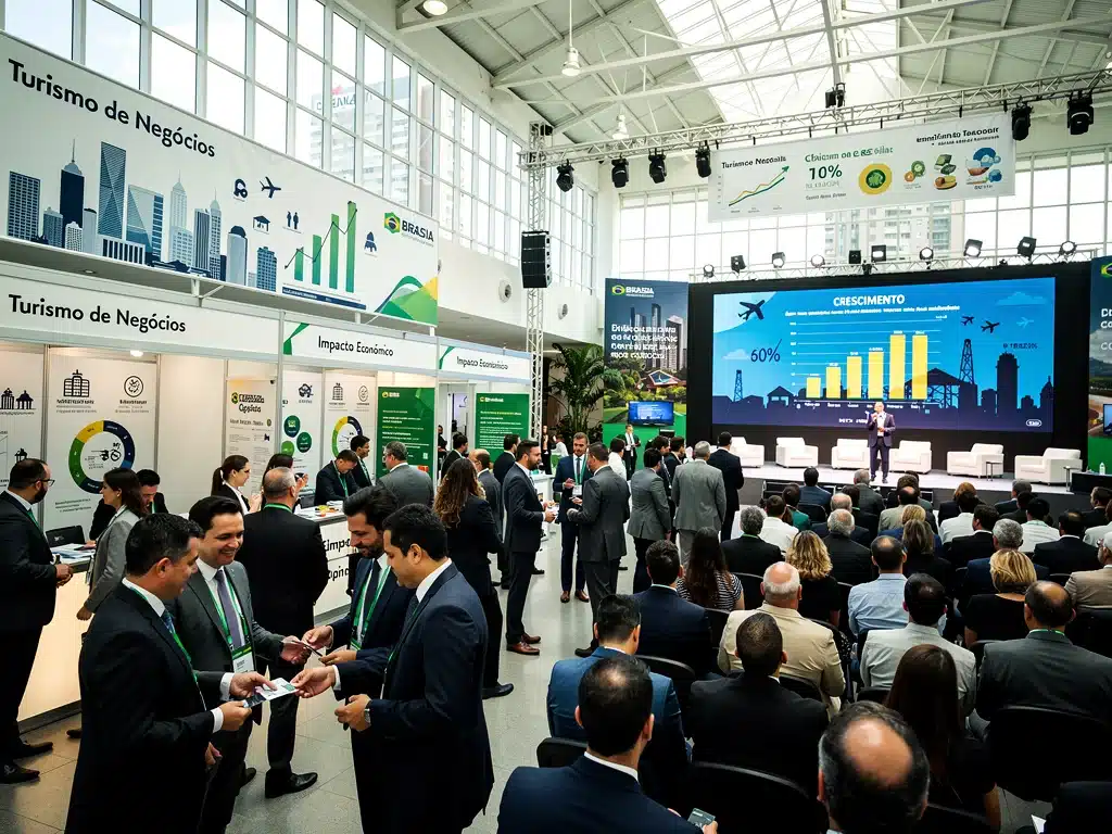 Centro de convenções moderno lotado durante um evento ou feira nacional, com networking profissional.