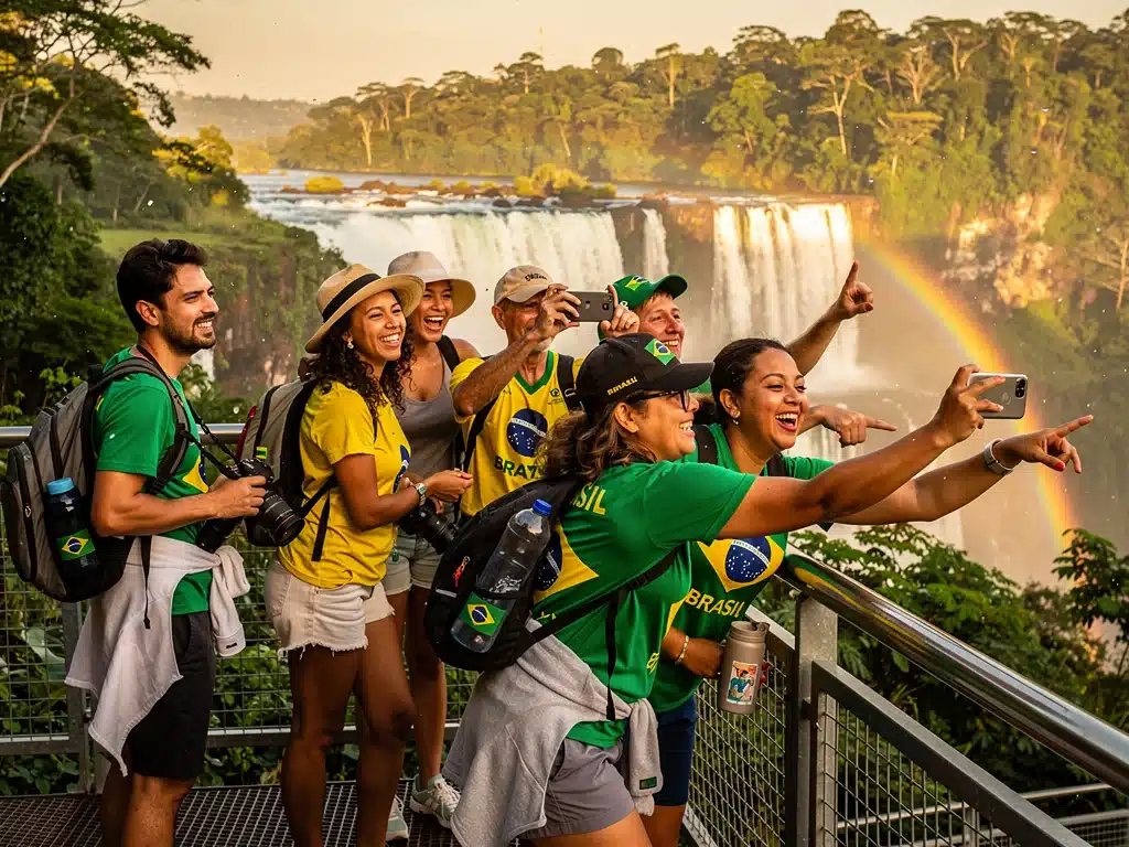 Turistas brasileiros explorando um sítio histórico ou maravilha natural, celebrando a cultura local.