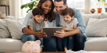 Estrategias de Ahorro Inteligente para Familias de EE. UU. en 2026 Familia estadounidense sonriente revisando sus finanzas en una tableta, con símbolos de ahorro y planificación futura.