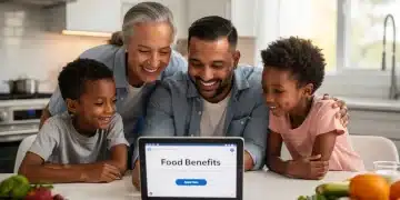 Familia revisando información sobre beneficios de alimentación en una tableta.