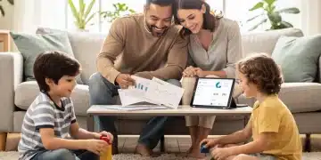 Familia feliz con niños pequeños, simbolizando los beneficios y el alivio financiero por créditos fiscales de cuidado infantil.