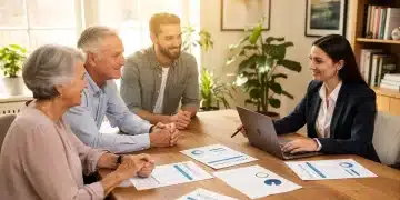 Familia revisando documentos de planificación patrimonial con un asesor, protegiendo su legado.