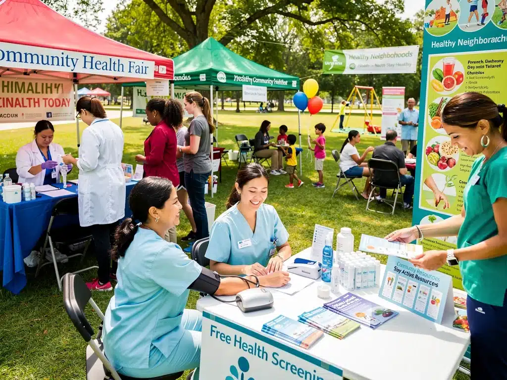 Feria de salud comunitaria con personas recibiendo exámenes y vacunas, destacando iniciativas de salud accesibles.