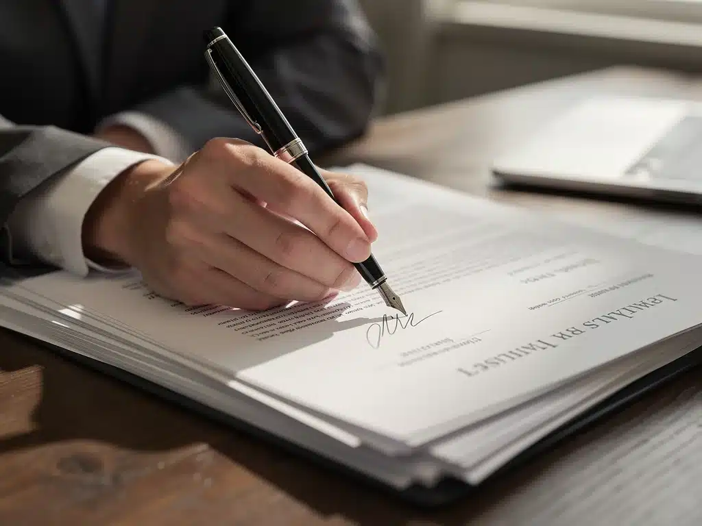 Persona firmando documentos legales para establecer un testamento o acuerdo de distribución de bienes.