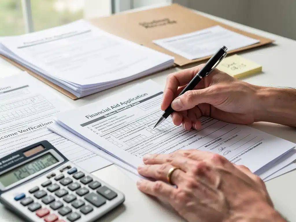Manos llenando un formulario de solicitud de ayuda financiera, con documentos y una calculadora en un escritorio.