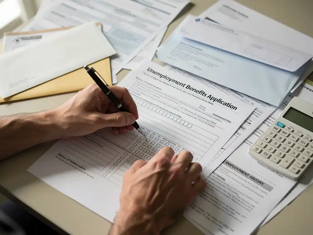 Manos llenando un formulario de solicitud de beneficios por desempleo.