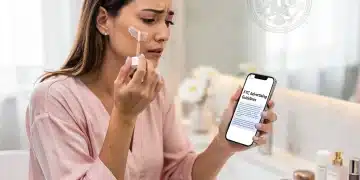 FTC 2026: Impacto en Promociones de Belleza en EE. UU. Mujer aplicando producto de belleza mientras revisa regulaciones de la FTC en su teléfono, simbolizando el impacto de las normas en la industria.
