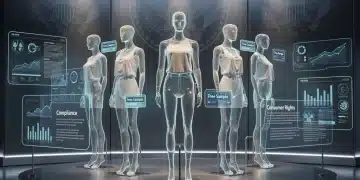 Diseño futurista con ropa digital y emblemas gubernamentales, simbolizando las nuevas directrices para muestras gratuitas de ropa en EE. UU.