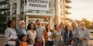Futuros beneficiarios observan un edificio moderno, simbolizando nuevos programas de asistencia de vivienda en EE. UU.