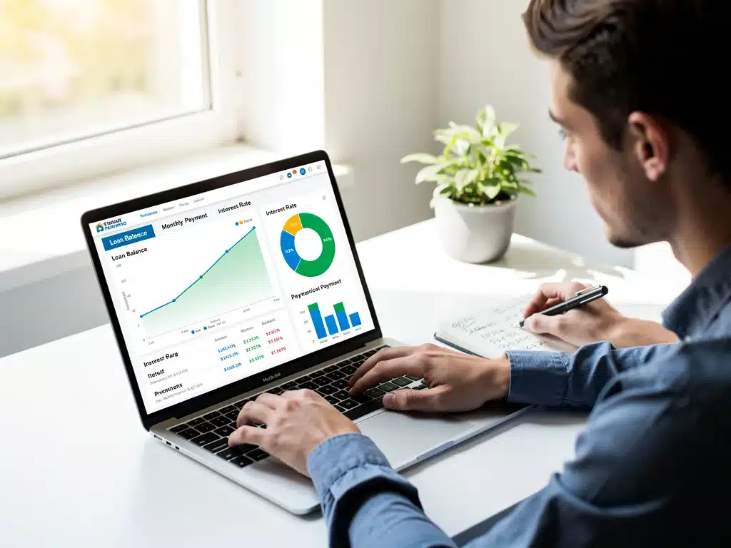 Persona gestionando el pago de préstamos estudiantiles en línea con un software de finanzas.