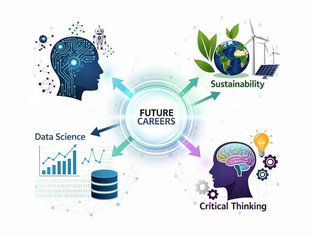 Gráfico de conceptos interconectados como IA, sostenibilidad y ciencia de datos, representando las carreras del futuro.