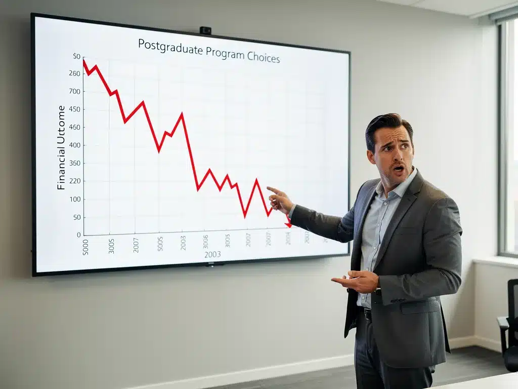Gráfico financiero mostrando una caída, representando las pérdidas económicas por malas decisiones de posgrado.