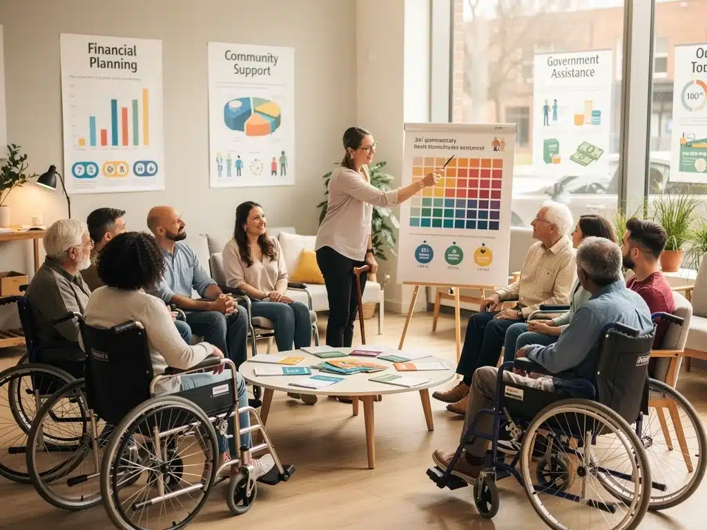 Grupo diverso de personas con discapacidad discutiendo finanzas en un centro comunitario.