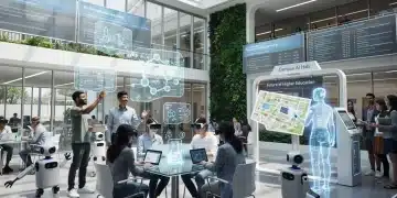 Campus universitario futurista con estudiantes interactuando con IA y robots, simbolizando la integración de la inteligencia artificial en la educación superior.