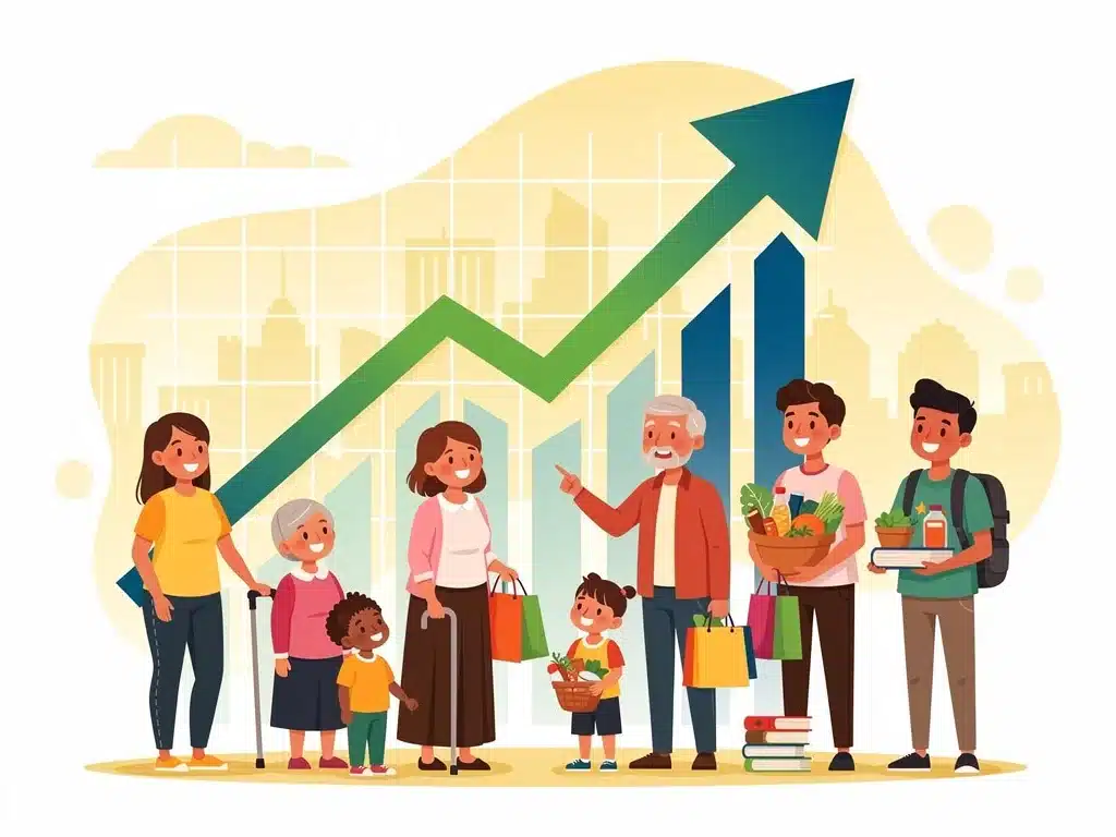 Gráfico con flecha ascendente y figuras de personas, simbolizando el impacto positivo de los beneficios en la economía familiar.