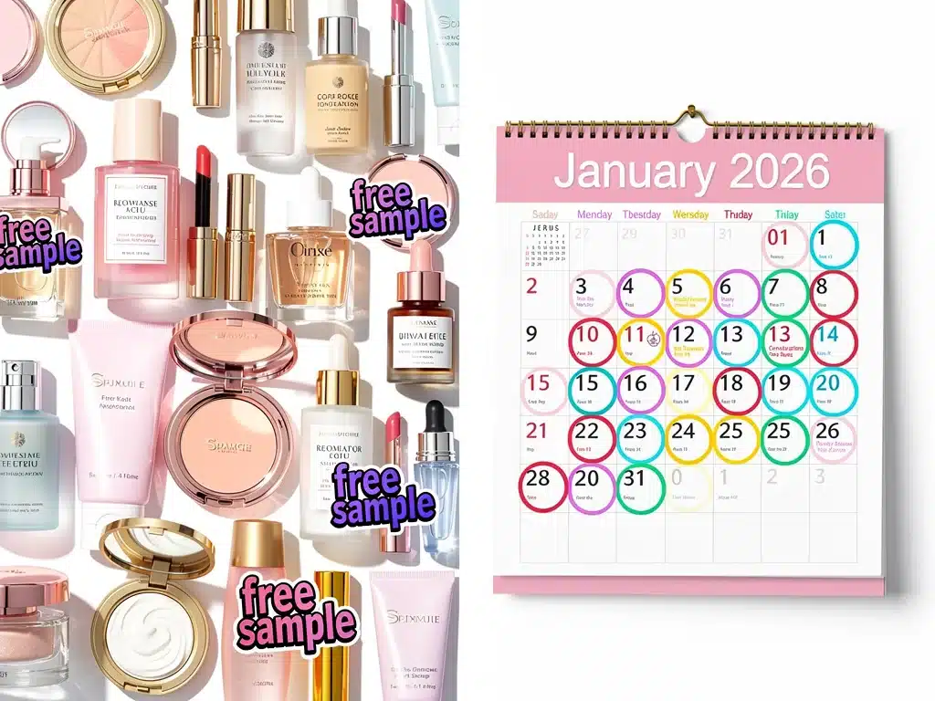 Collage de productos de belleza gratuitos y un calendario marcando enero de 2026, señalando el impacto de las nuevas políticas.