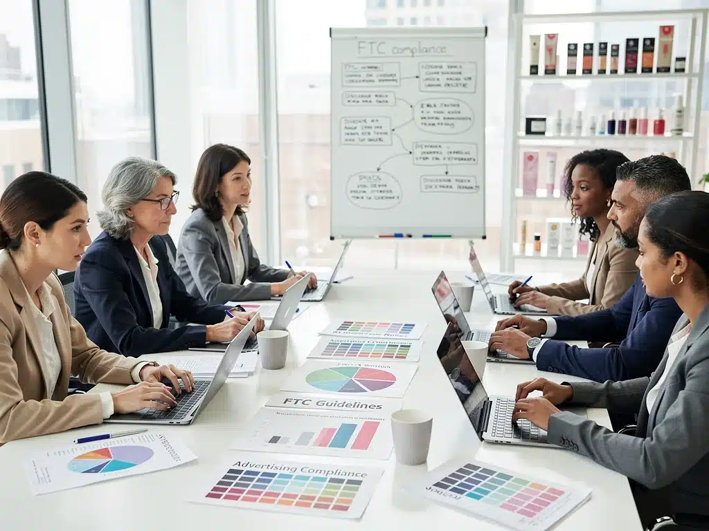 Profesionales de la industria de la belleza discutiendo estrategias de cumplimiento ante nuevas regulaciones de la FTC.