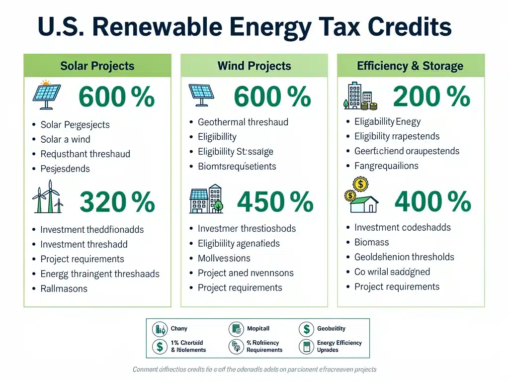 Infografía detallada de los créditos fiscales disponibles para proyectos de energía renovable en Estados Unidos.