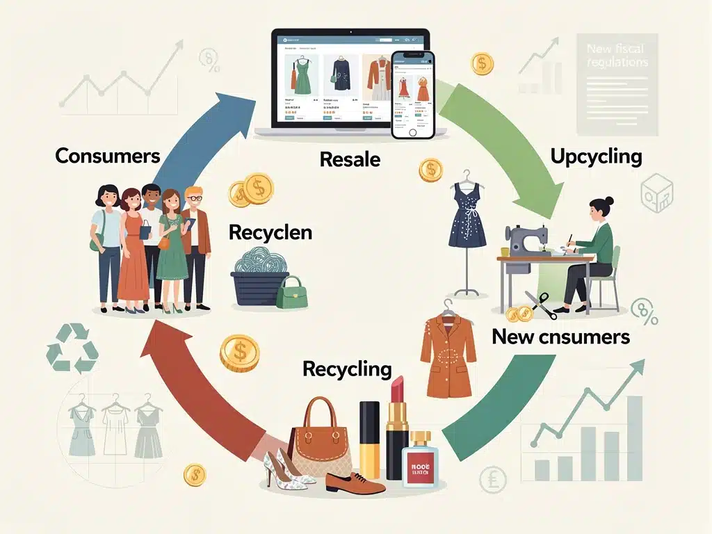 Infografía sobre la economía circular en moda y belleza, mostrando el flujo de productos y el impacto de las regulaciones fiscales.
