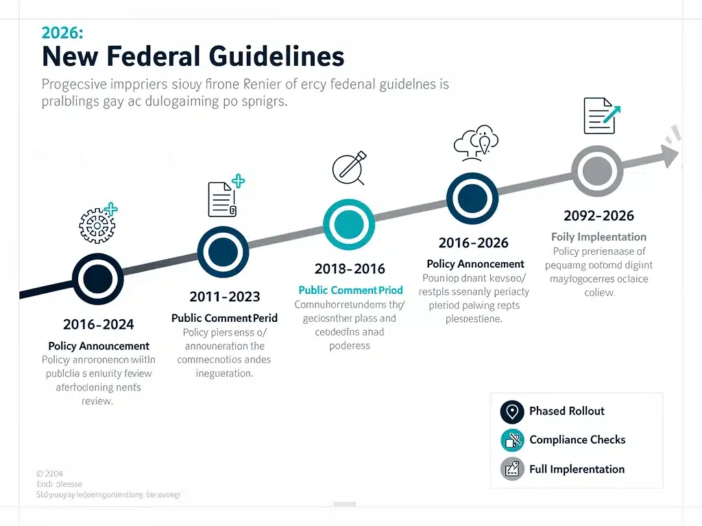 Infografía con línea de tiempo detallando hitos y fechas clave hacia la implementación de nuevas directrices federales hasta 2026.