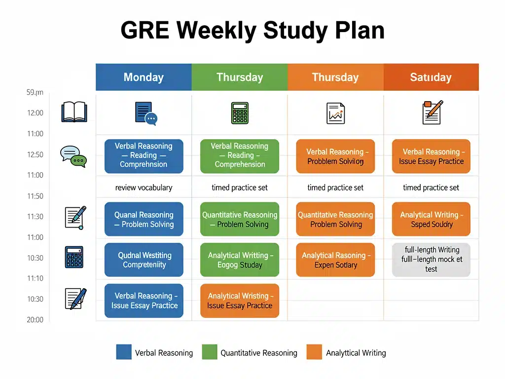 Infografía detallada de un plan de estudio semanal para el examen GRE.