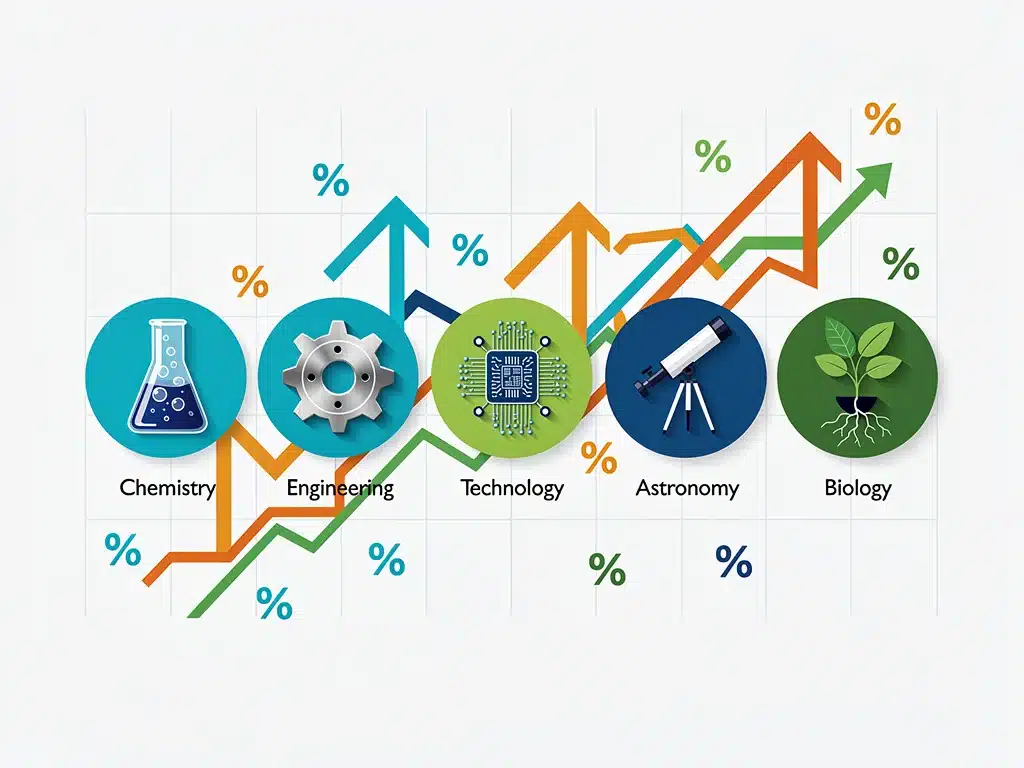Infografía con cinco iconos STEM y flechas ascendentes, representando crecimiento y oportunidades de becas.