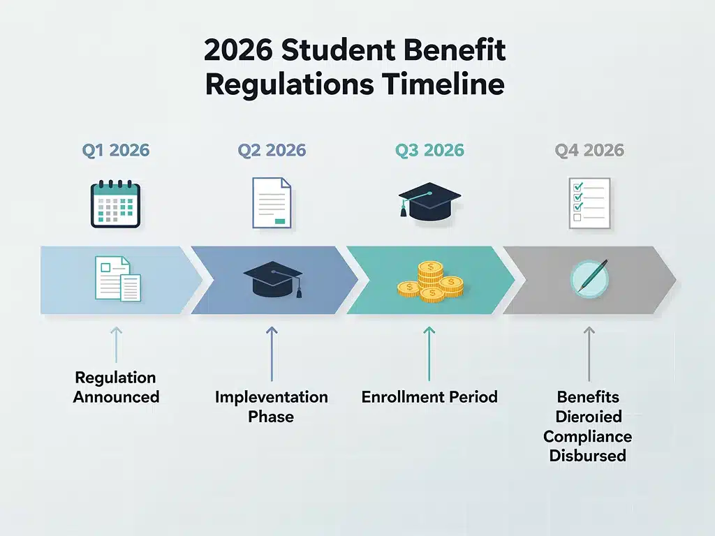 Infografía que muestra la línea de tiempo de implementación de las nuevas regulaciones de beneficios estudiantiles para 2026.