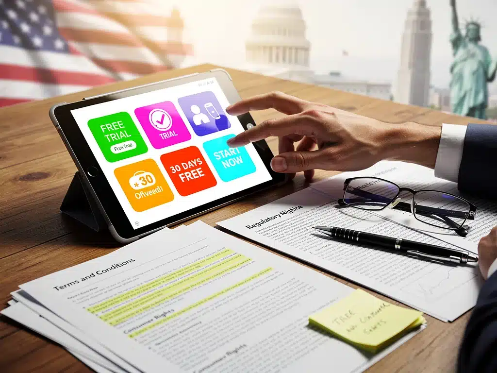 Manos interactuando con una tablet mostrando ofertas de prueba gratuitas, con documentos legales y el fondo de la bandera de EE. UU., ilustrando las nuevas regulaciones.