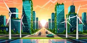 Paisaje urbano moderno con turbinas eólicas y paneles solares, representando la inversión en energías renovables en EE. UU. para 2026.