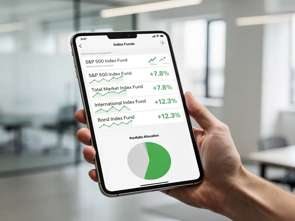 Mano sosteniendo una tablet con aplicación financiera mostrando opciones de fondos indexados para inversión pasiva.