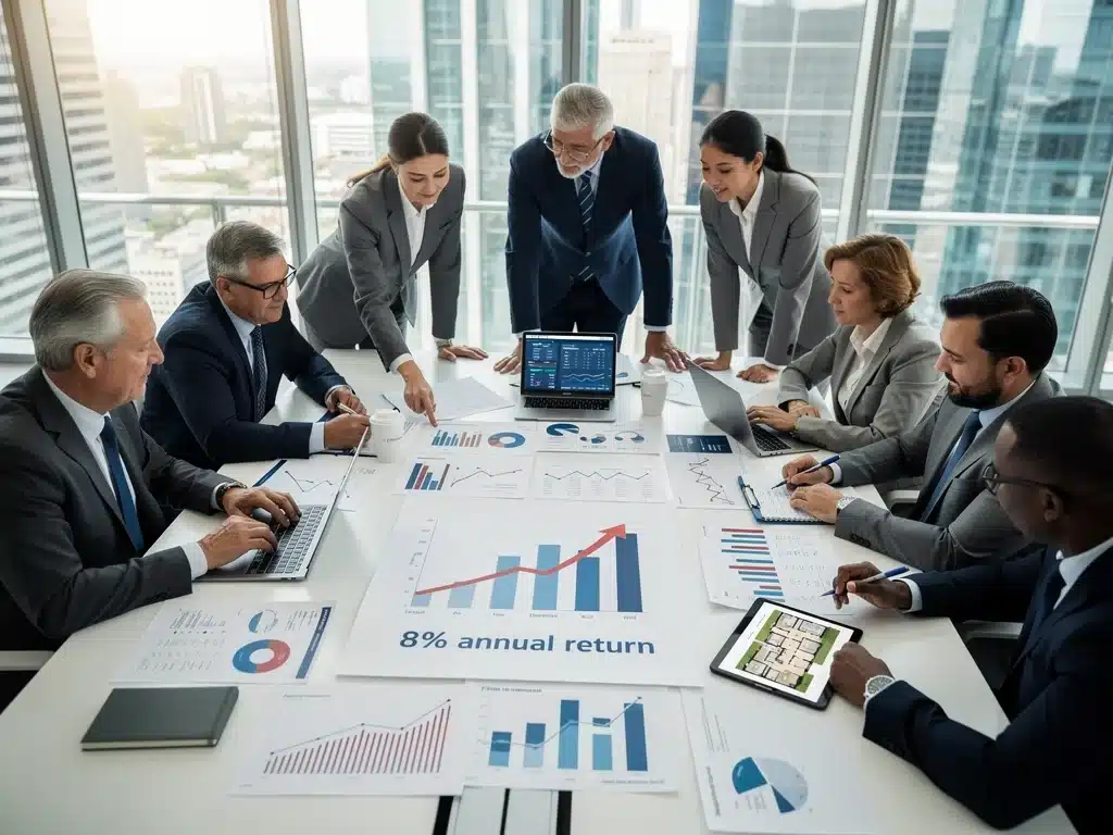 Grupo de inversores analizando gráficos financieros y documentos de propiedades para decisiones estratégicas.