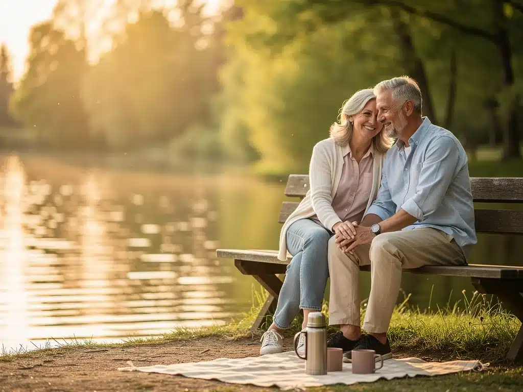 Pareja disfrutando de una jubilación tranquila junto a un lago.