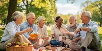 Grupo de jubilados sonriendo y disfrutando de un picnic al aire libre en un parque soleado, reflejando una jubilación segura y feliz.