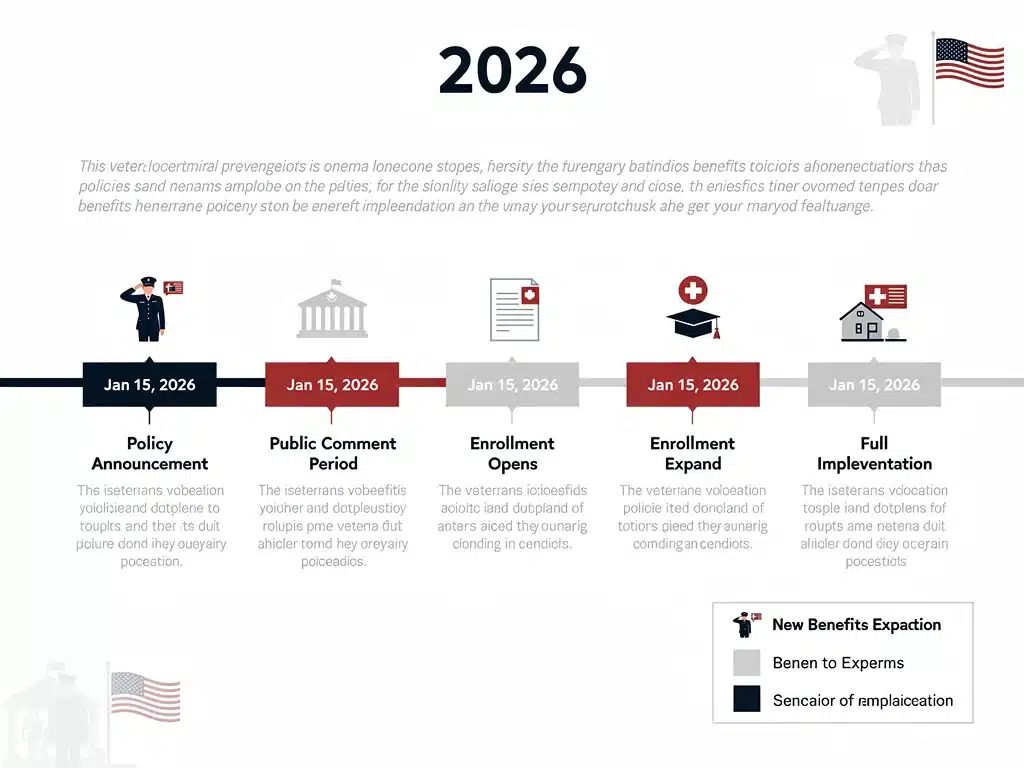 Gráfico de línea de tiempo con fechas clave para la implementación de beneficios de veteranos en 2026.