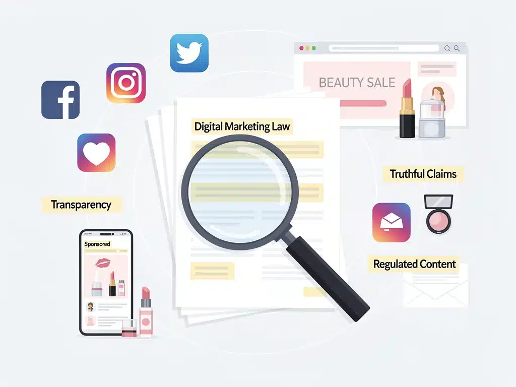 Gráfico de regulaciones de marketing digital, mostrando transparencia en promociones de belleza y la supervisión de la FTC.