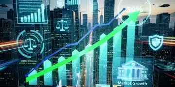 Paisaje urbano futurista de Estados Unidos con gráficos de crecimiento digital y símbolos de regulación, representando el auge del mercado de pruebas gratuitas en 2026.