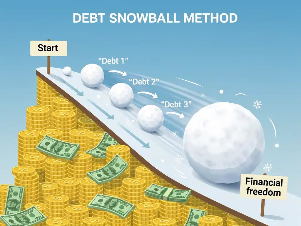 Ilustración del método bola de nieve para pagar deudas, mostrando el progreso financiero.