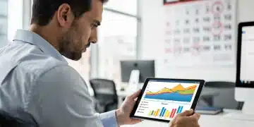 Mujer revisando información sobre beneficios de desempleo en una tablet con gráficos financieros y un calendario de 2026 de fondo.