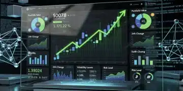 Panel de control digital mostrando la gestión de un portafolio de criptomonedas con gráficos de crecimiento y mitigación de riesgos.