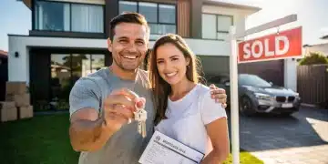 Pareja feliz con llaves de casa frente a una casa moderna, simbolizando la aprobación de un préstamo hipotecario en 2026.