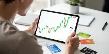 Reducir Deudas Tarjetas Crédito 2026: Plan 20% Intereses Persona analizando gráficas financieras con tarjetas de crédito, planificando la reducción de deudas.