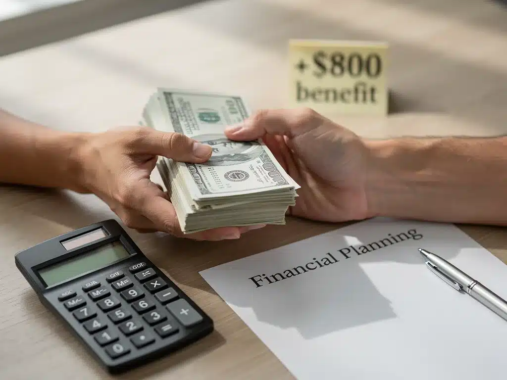 Manos sosteniendo billetes, con una calculadora, representando el beneficio adicional de 0 y la planificación financiera.