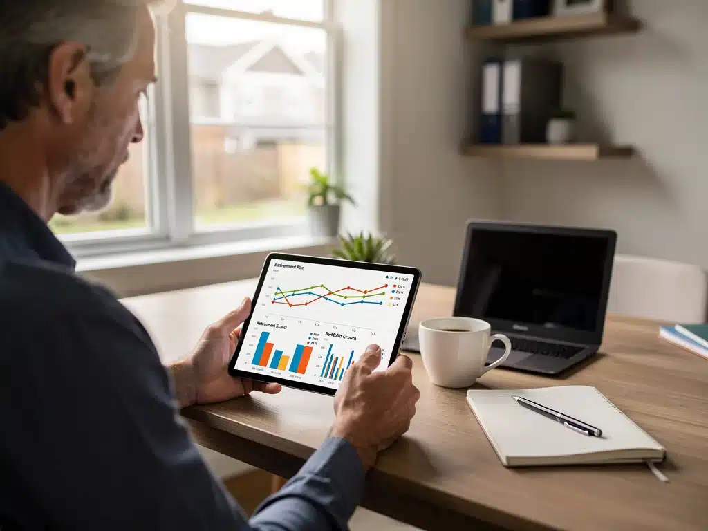 Persona analizando gráficos financieros en una tablet para planificar su jubilación.