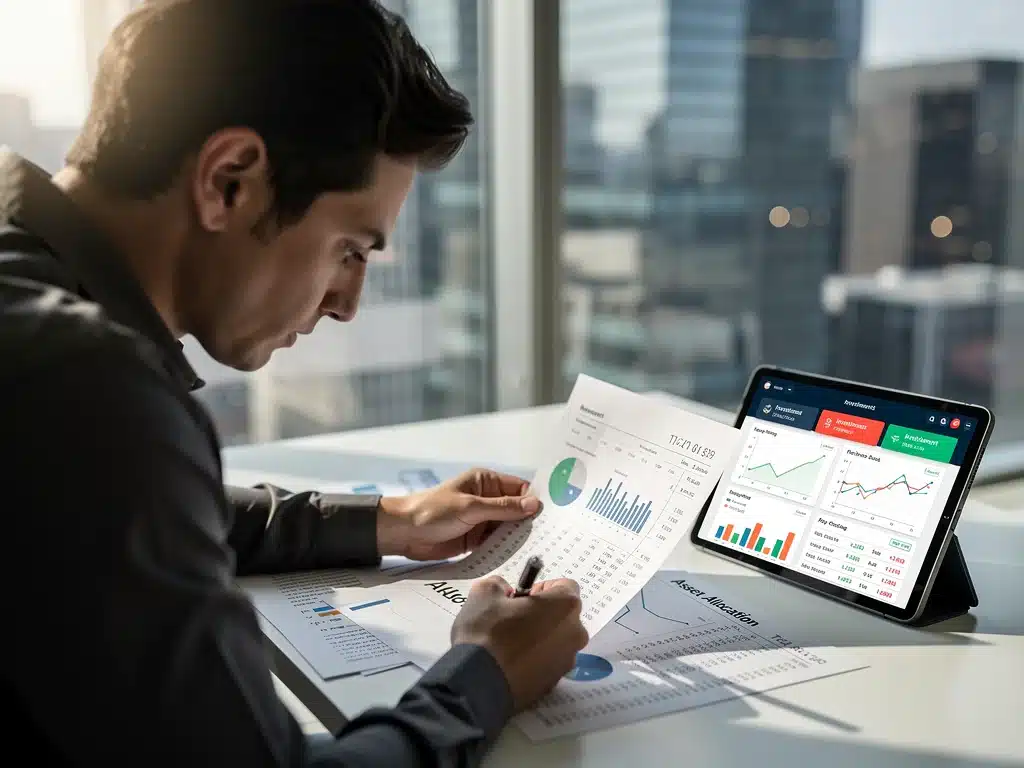 Persona revisando documentos financieros y aplicaciones de inversión, planificando su portafolio frente a la inflación.