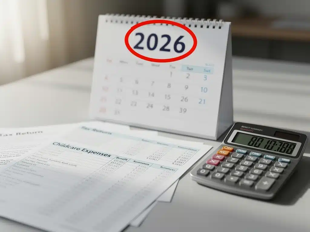 Calendario de 2026 y documentos financieros, destacando la planificación fiscal para beneficios de cuidado infantil.