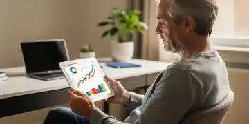 Hombre planificando su jubilación con tablet y gráficos financieros.