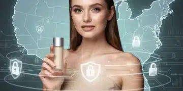 Nuevas Políticas de Privacidad: Ofertas de Belleza Gratuitas en EE. UU. (Enero 2026) Mujer sosteniendo producto de belleza con superposición digital de privacidad de datos y mapa de Estados Unidos.
